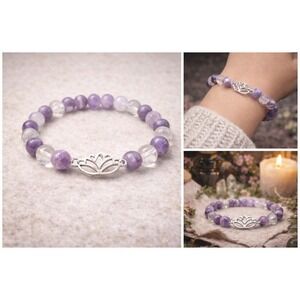 Chevron Amethyst Quartz Bracelet Lotus Charm Boho‎ Witchy Apothecary Crystal
